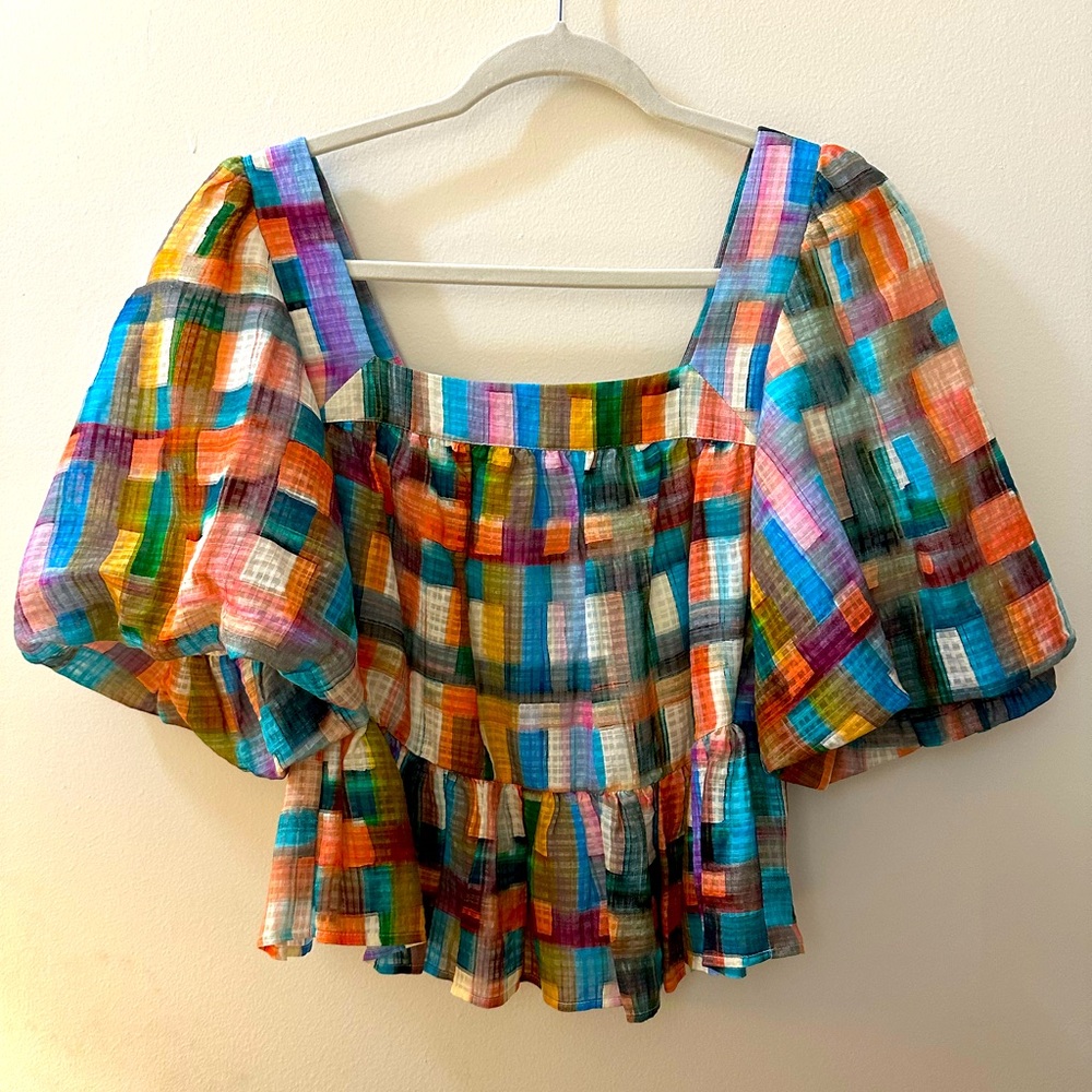 Colorful Linen-Silk Marie Oliver Top - Size XS